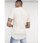 DESIGN Tall short sleeve slim fit oxford shirt in yarn dye beige with grandad collar