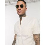 DESIGN Tall short sleeve slim fit oxford shirt in yarn dye beige with grandad collar