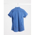 DESIGN Tall stretch slim organic denim shirt in mid wash