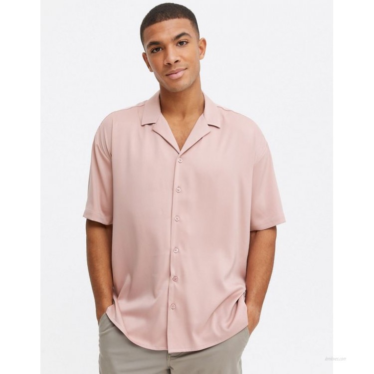 New Look short sleeve oversized satin shirt in pink