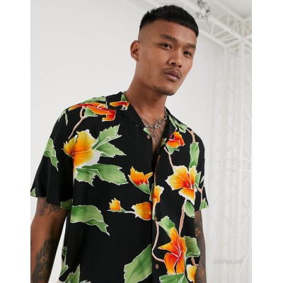  DESIGN relaxed fit revere shirt in large scale black and yellow floral  