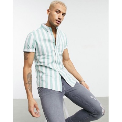  DESIGN stretch slim oxford stripe shirt in green  