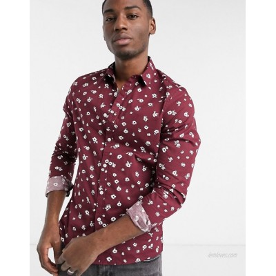  DESIGN stretch slim shirt with all over print in burgundy  