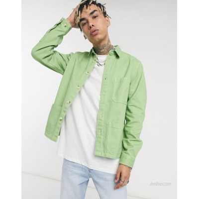  DESIGN denim overshirt in green with pockets and contrast stitch  