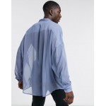 DESIGN drop shoulder oversized shirt in sheer crinkle with grandad collar in blue