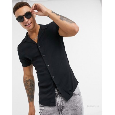  DESIGN muscle viscose shirt with low revere in black  