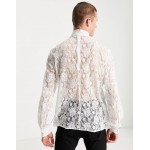 DESIGN regular fit lace shirt with pussybow in white