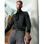 DESIGN regular fit satin shirt with pussybow neck tie in black