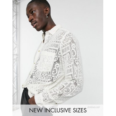  DESIGN regular natural lace shirt in off white  