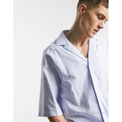  DESIGN relaxed half sleeve shirt with deep camp collar in blue stripe  