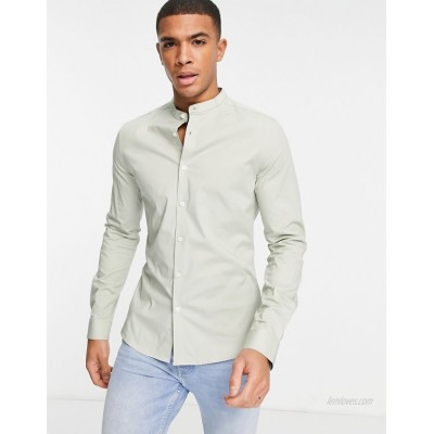  DESIGN skinny fit long sleeve shirt with grandad collar in sage green  