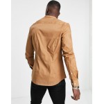 DESIGN skinny fit shirt with grandad collar in light brown
