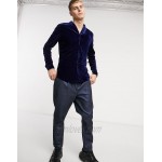 DESIGN skinny fit velvet shirt with shawl collar in navy