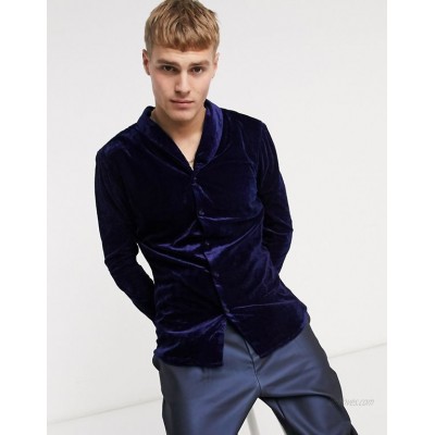 DESIGN skinny fit velvet shirt with shawl collar in navy  