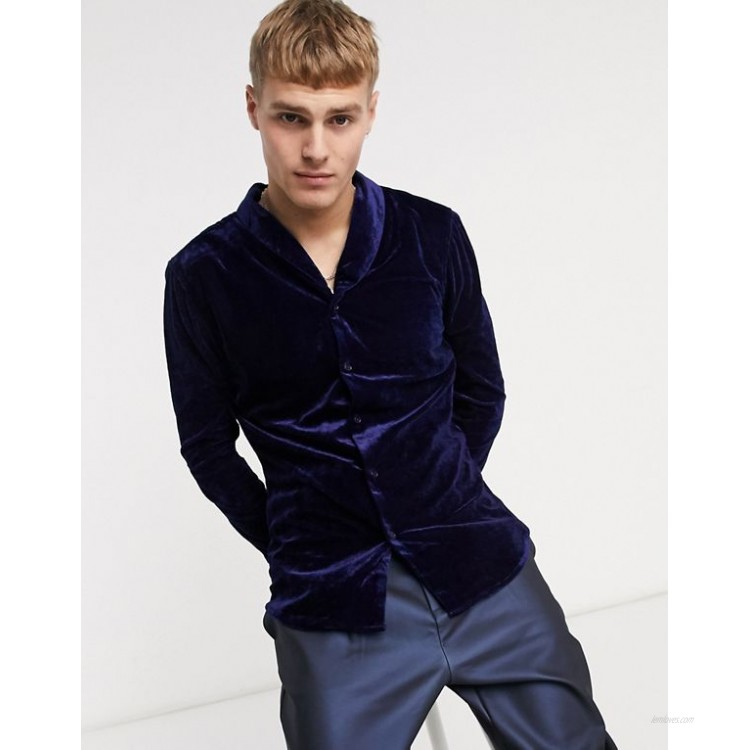 DESIGN skinny fit velvet shirt with shawl collar in navy