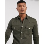 DESIGN skinny fit western organic denim shirt in khaki