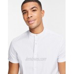 DESIGN slim fit striped shirt with grandad collar in blue