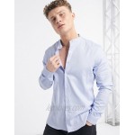 DESIGN slim fit textured herringbone shirt with grandad collar in blue