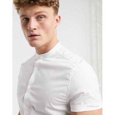  DESIGN stretch skinny fit shirt in white with grandad collar  