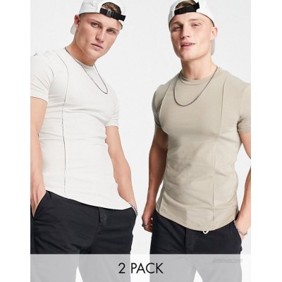 DESIGN 2 pack muscle fit t-shirts with pinktucks in beige - part of a set  