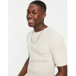 DESIGN muscle fit cable knit set t-shirt in oatmeal