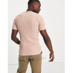 DESIGN muscle fit cable knit t-shirt in pink